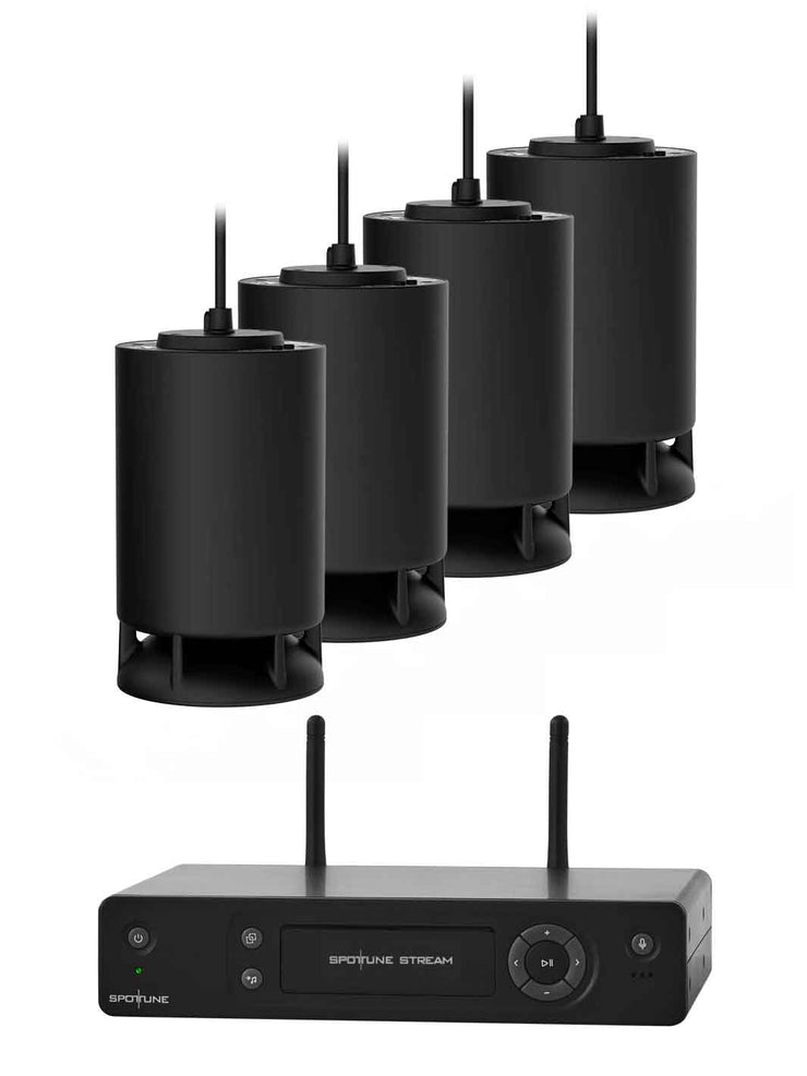 Sistema de audio inalámbrico para instalación colgante, Spottune, OMNI CORD Negro x 4, vista frontal