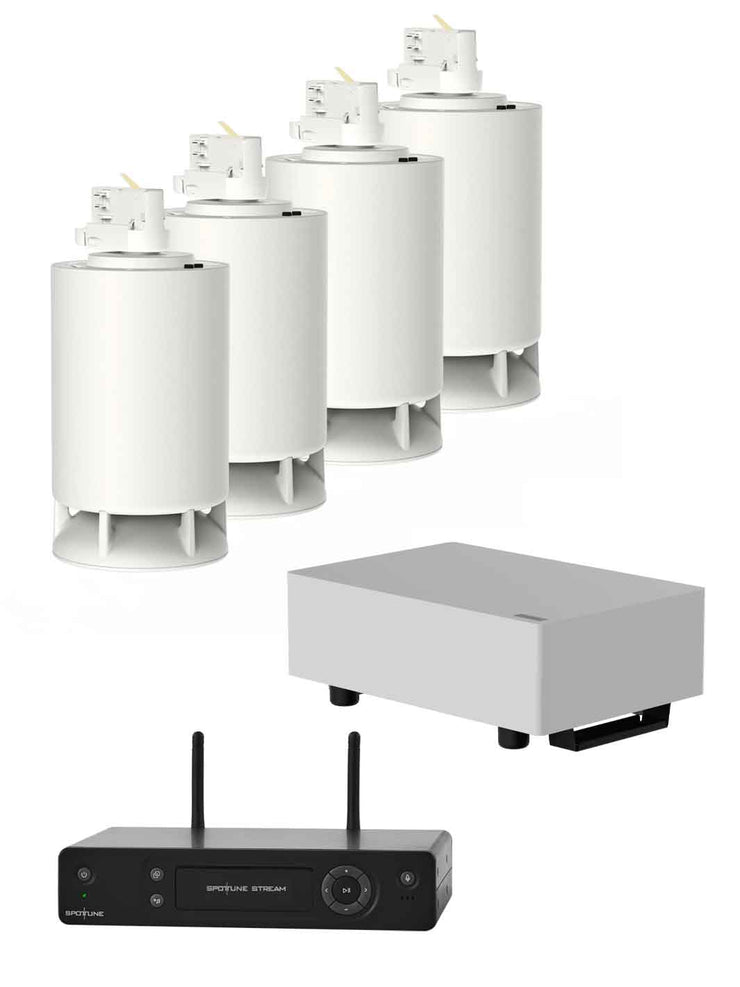 Sistema de audio inalámbrico para instalación en riel, Spottune, OMNI TRACK Blanco x 4 + 1 Sub, vista frontal