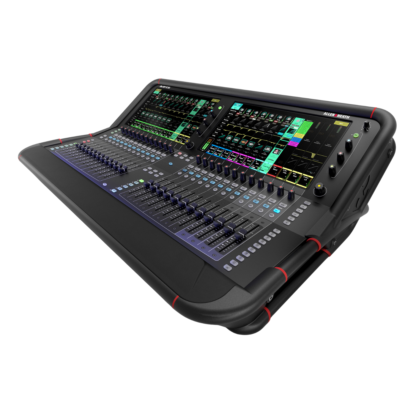 Consola digital Allen & Heath Avantis, 3/4 de frente, para conciertos y espectáculos, 12 canales, doble pantalla táctil 15.6". 
Avantis en mexico. Avantis
