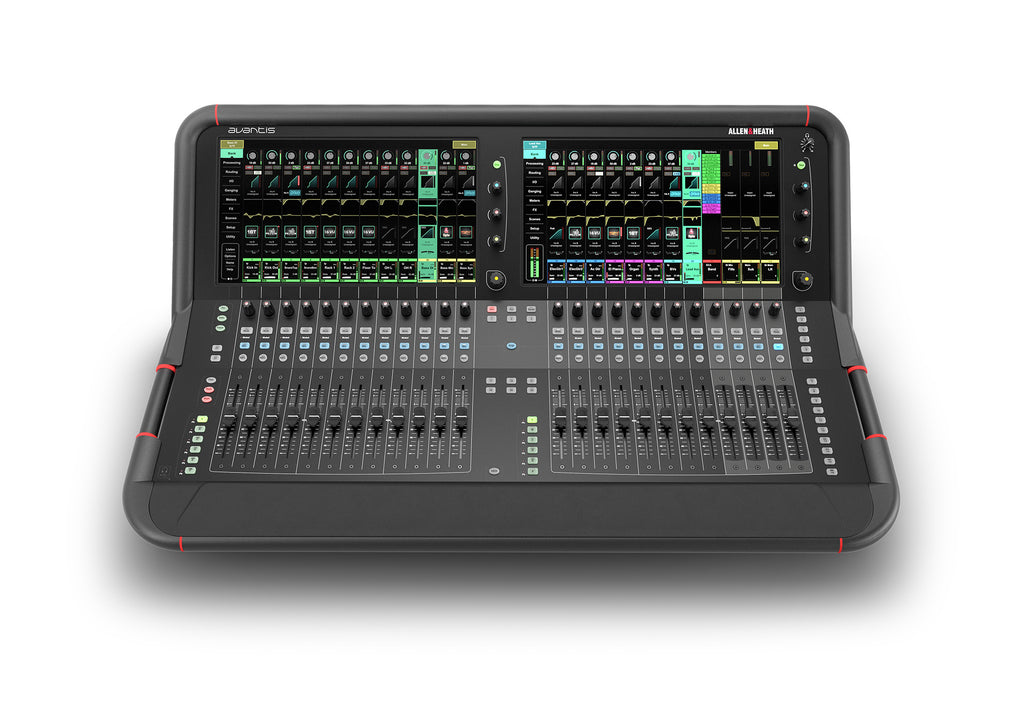 Consola digital Allen & Heath Avantis, de frente, para conciertos y espectáculos, 12 canales, doble pantalla táctil 15.6". Avantis mexico
