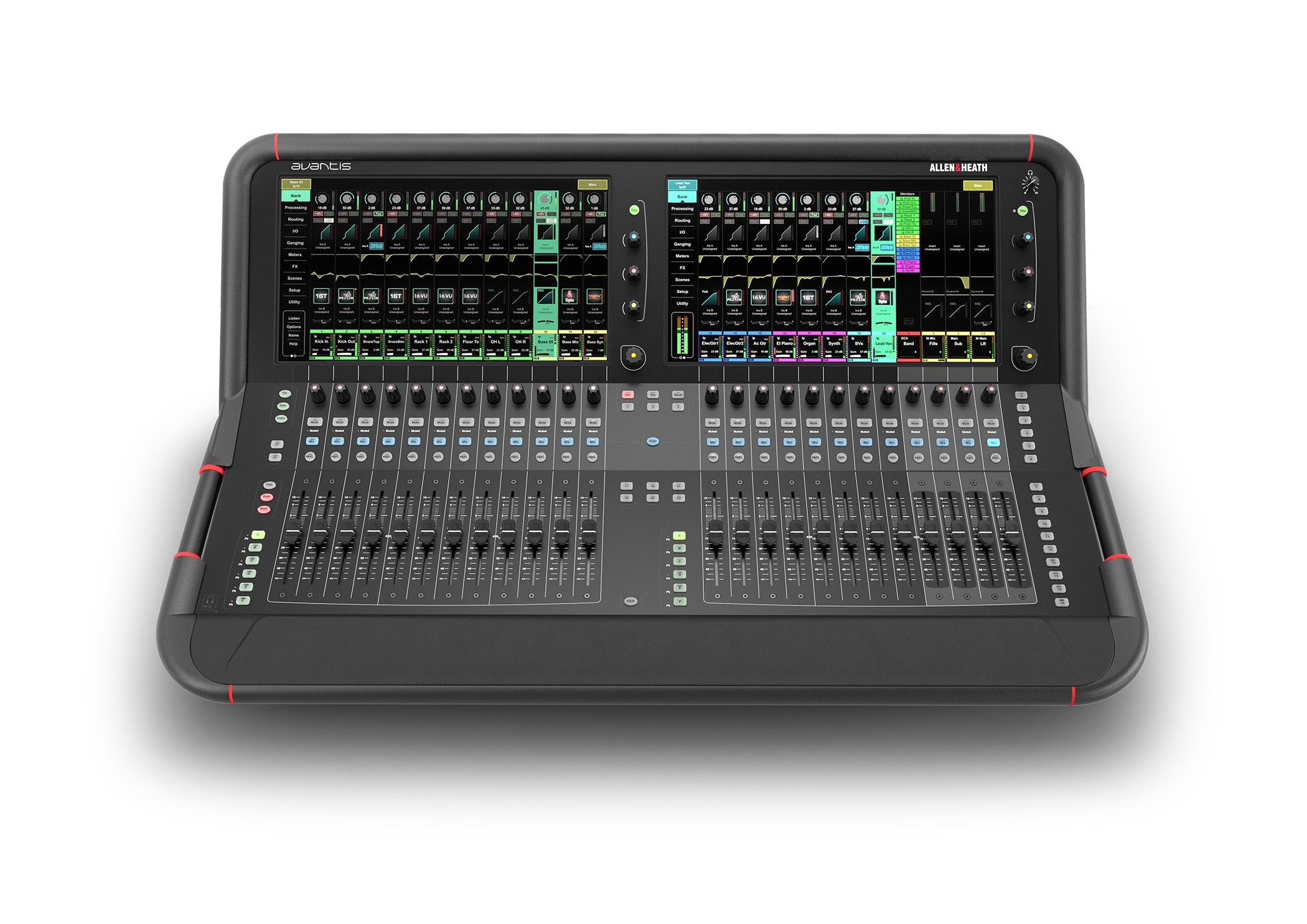 Consola digital Allen & Heath Avantis, de frente, para conciertos y espectáculos, 12 canales, doble pantalla táctil 15.6". Avantis mexico