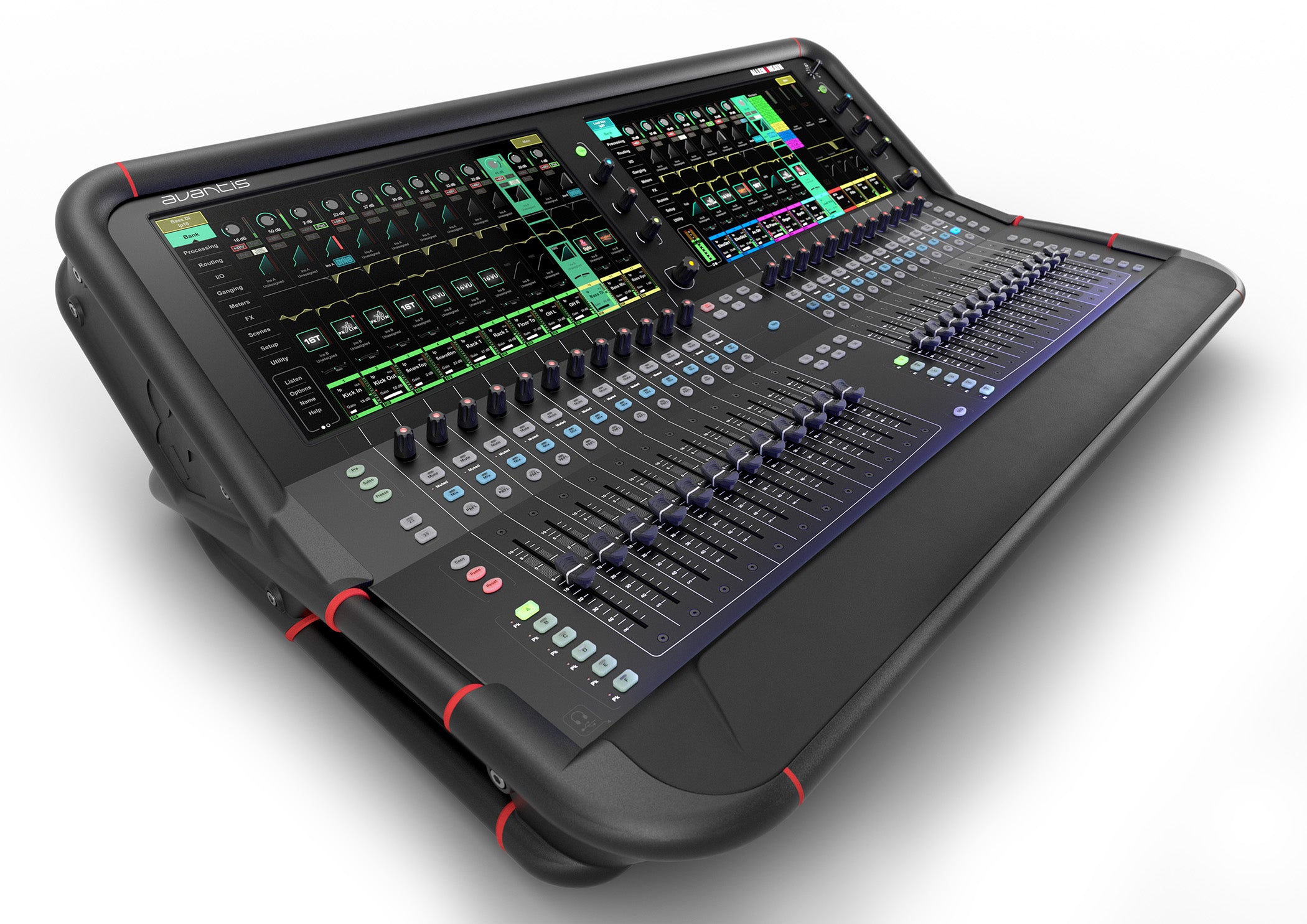 Consola digital Allen & Heath Avantis, 3/4 de frente, para conciertos y espectáculos, 12 canales, doble pantalla táctil 15.6". Avantis mexico, allen & heath