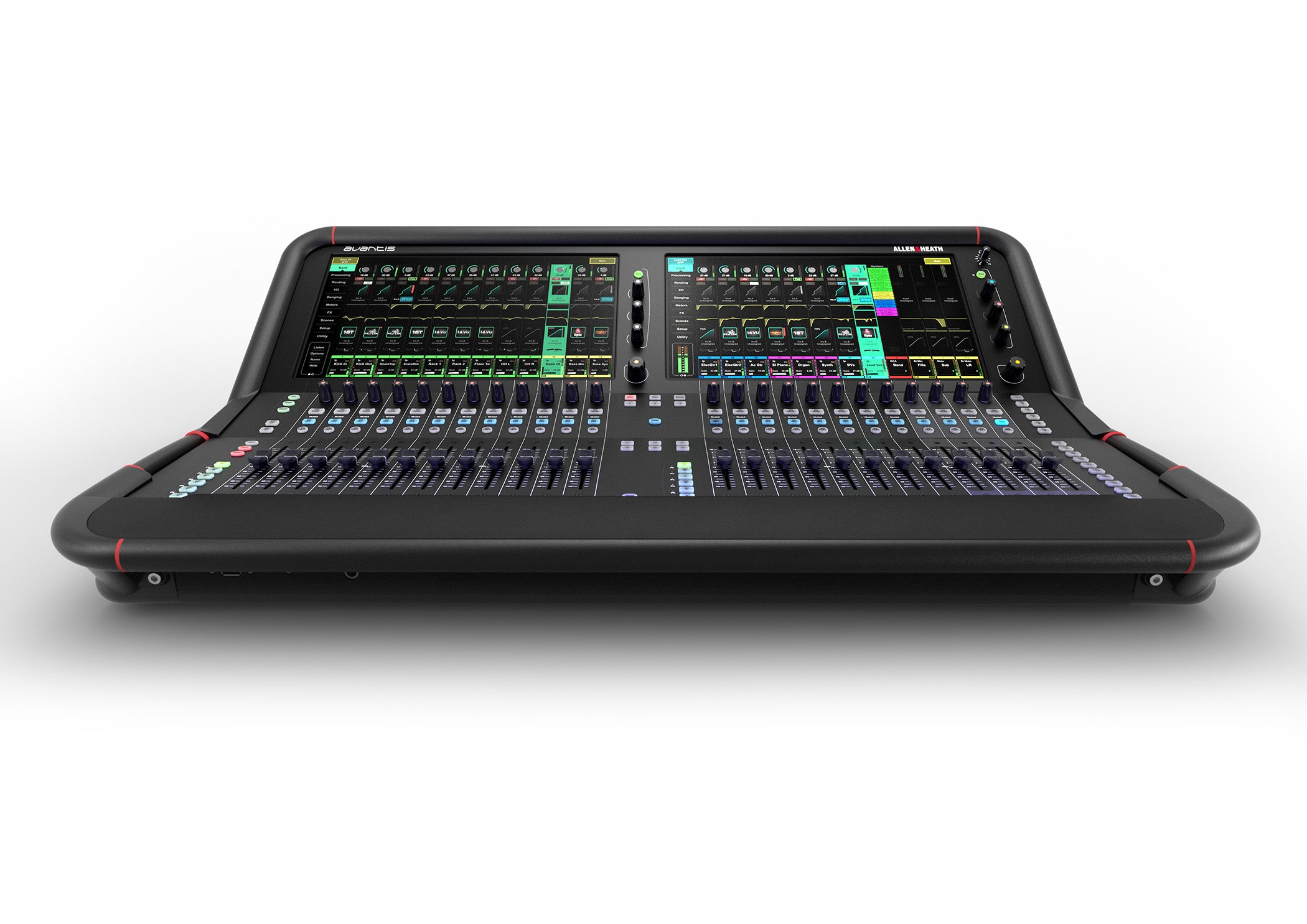 Consola digital Allen & Heath Avantis, de frente, para conciertos y espectáculos, 12 canales, doble pantalla táctil 15.6". Avantis mexico, allen & heath mexico. Avantis