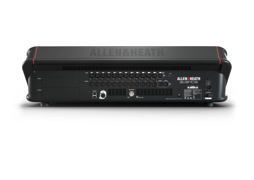 Consola digital Allen & Heath Avantis, parte trasera, entradas y salidas, para conciertos y espectáculos, 12 canales, doble pantalla táctil 15.6". Avantis mexico, allen & heath mexico