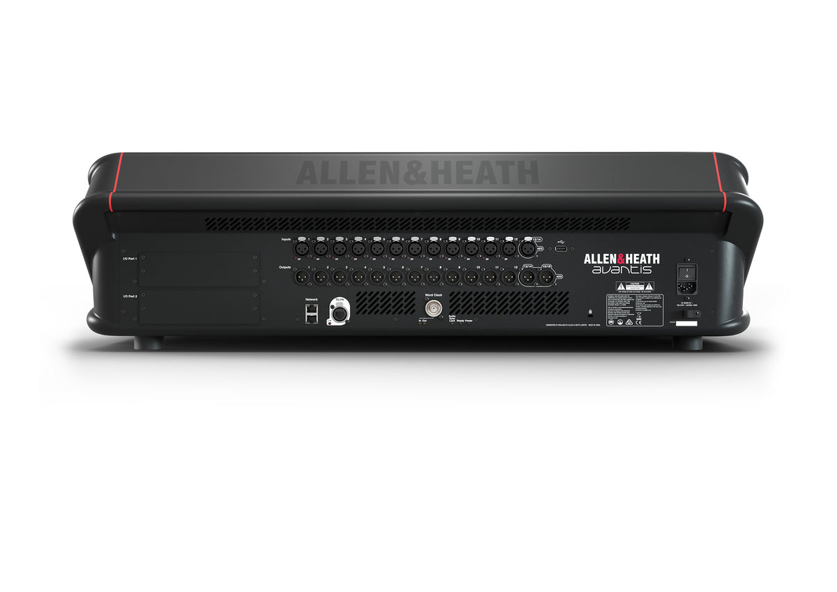 Consola digital Allen & Heath Avantis, parte trasera, entradas y salidas, para conciertos y espectáculos, 12 canales, doble pantalla táctil 15.6". Avantis mexico, allen & heath mexico