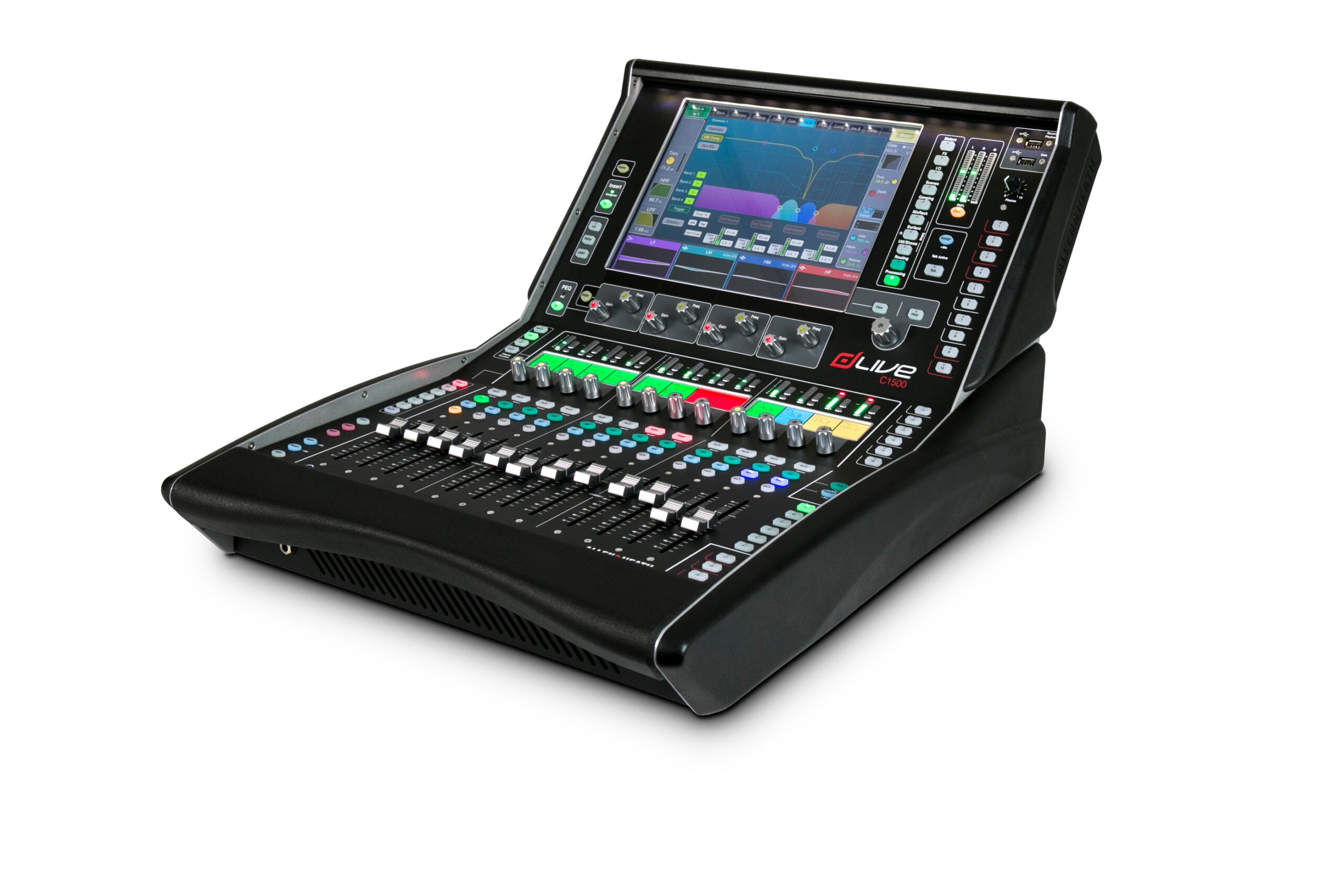Consola digital Allen & Heath dLive C1500. 3/4 de frente, para conciertos y espectáculos, 6 entradas, pantalla táctil 12". dlive mexico