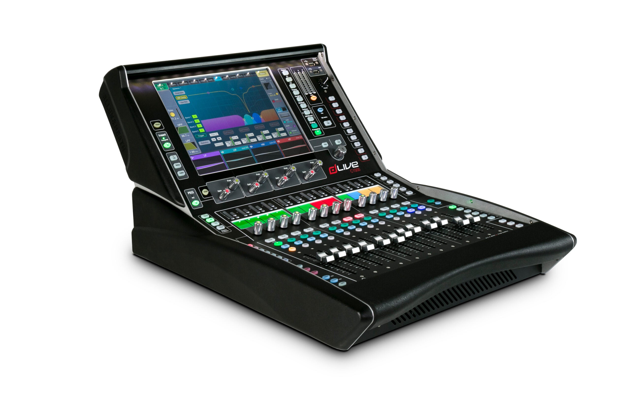 Consola digital Allen & Heath dLive C1500. 3/4 de frente, para conciertos y espectáculos, 6 entradas, pantalla táctil 12". dlive mexico