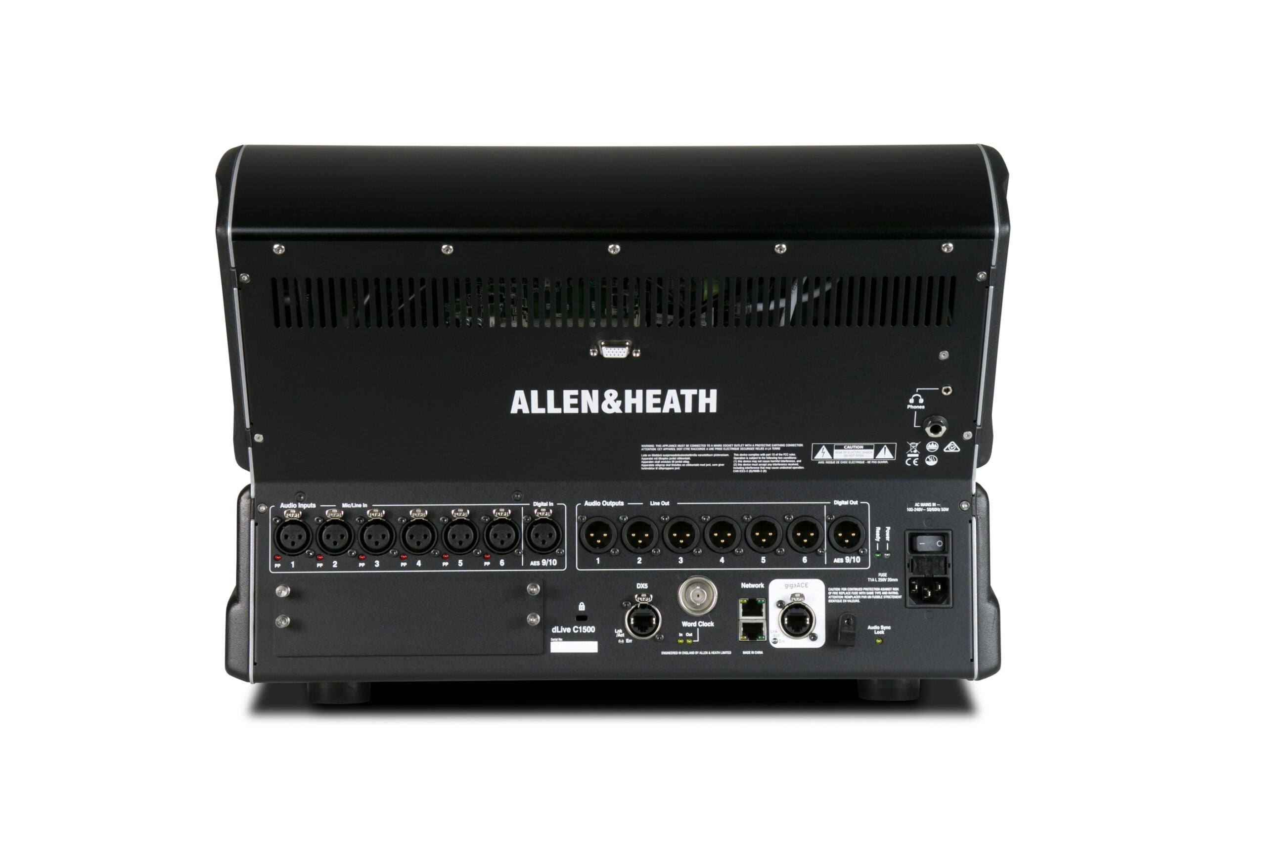 Consola digital Allen & Heath dLive C1500. parte trasera, entradas y salidas, para conciertos y espectáculos, 6 entradas, pantalla táctil 12". dlive mexico
