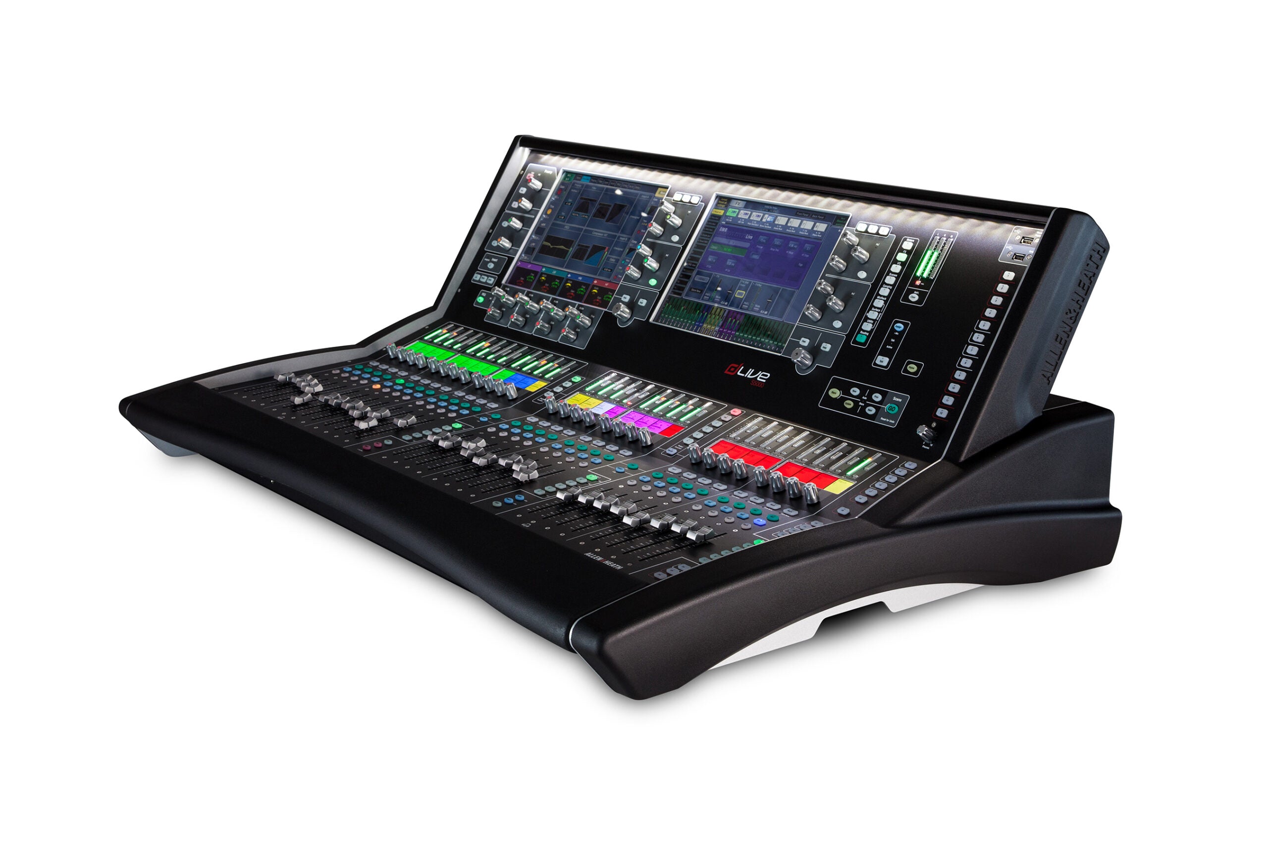 Consola digital Allen & Heath dLive S5000. 3/4 de frente, Para conciertos y espectáculos, 8 canales, doble pantalla táctil 12".  dlive mexico
