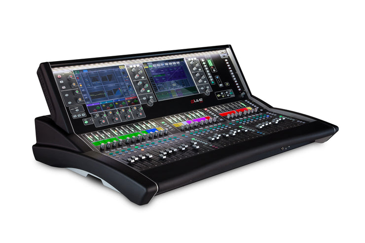 Consola digital Allen & Heath dLive S5000. 3/4 de frente, para conciertos y espectáculos, 8 canales, doble pantalla táctil 12". 
