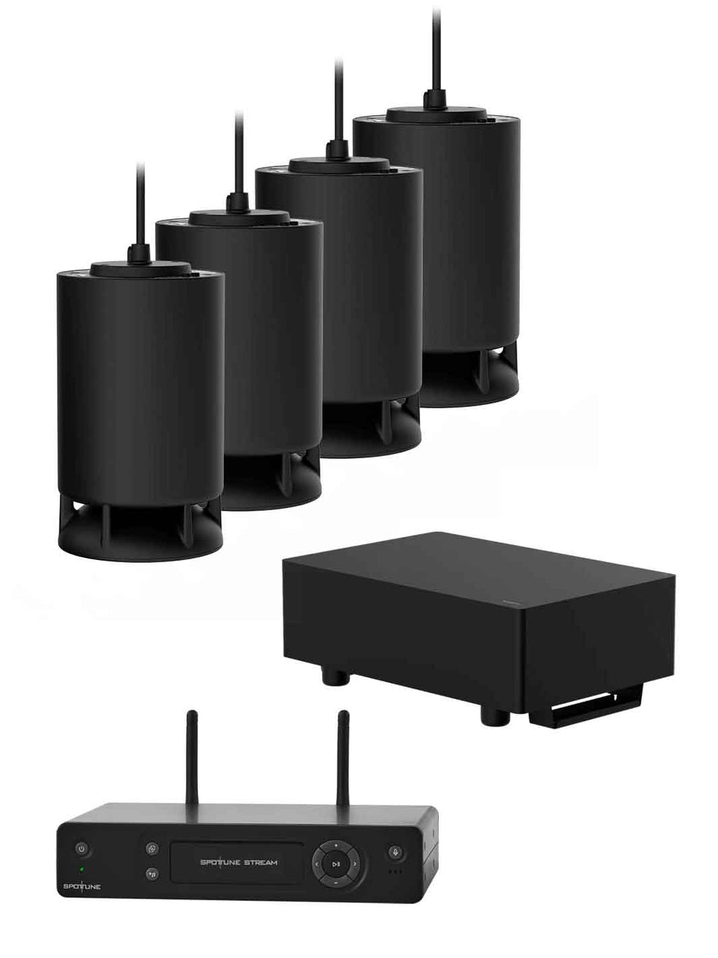 Sistema de audio inalámbrico para instalación colgante, Spottune, OMNI CORD Negro x 4 + 1 Sub, vista frontal