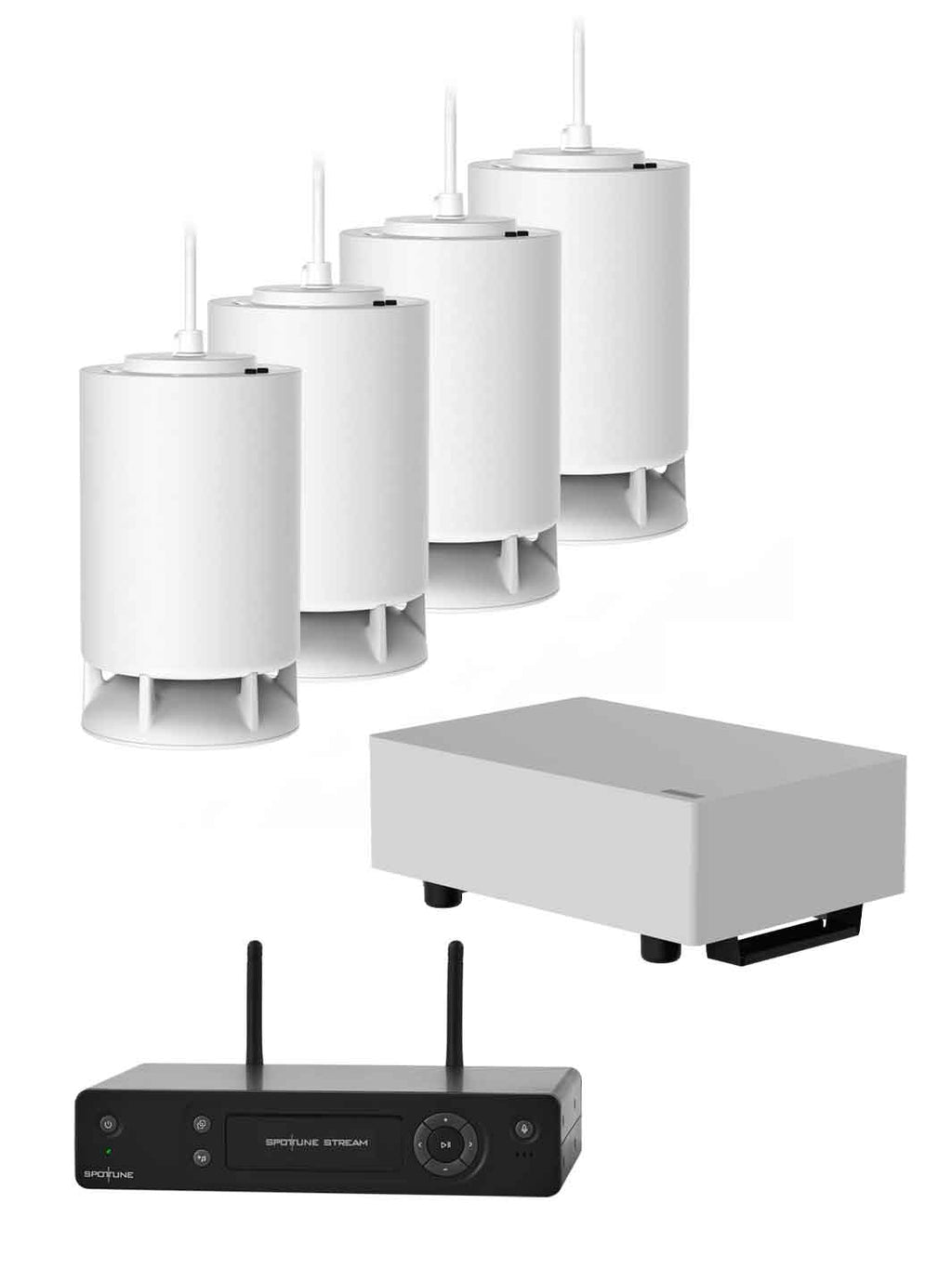 Sistema de audio inalámbrico para instalación colgante, Spottune, OMNI CORD Blanco x 4 + 1 Sub, vista frontal
