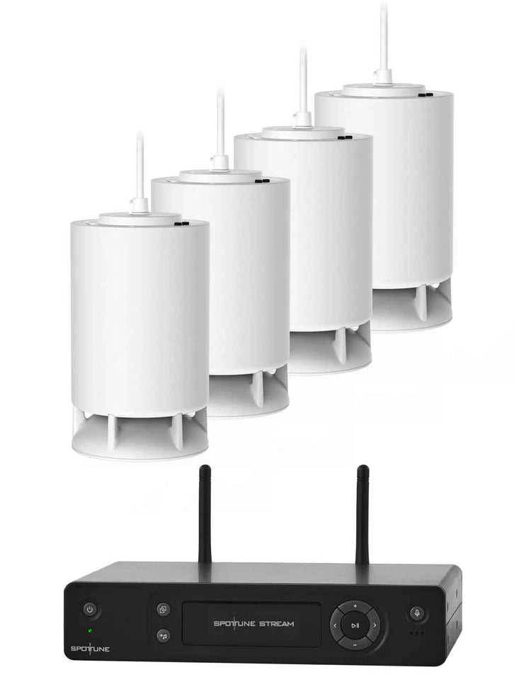 Sistema de audio inalámbrico para instalación colgante, Spottune, OMNI CORD Blanco x 4, vista frontal