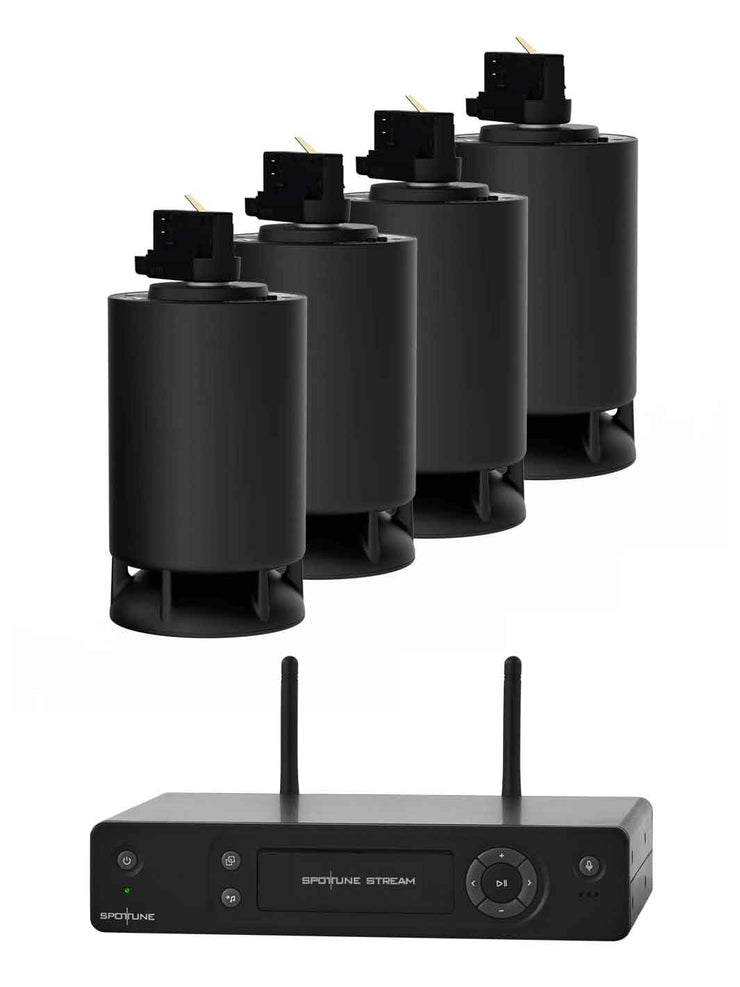 Sistema de audio inalámbrico para instalación en riel, Spottune, OMNI TRACK Negro x 4, vista frontal