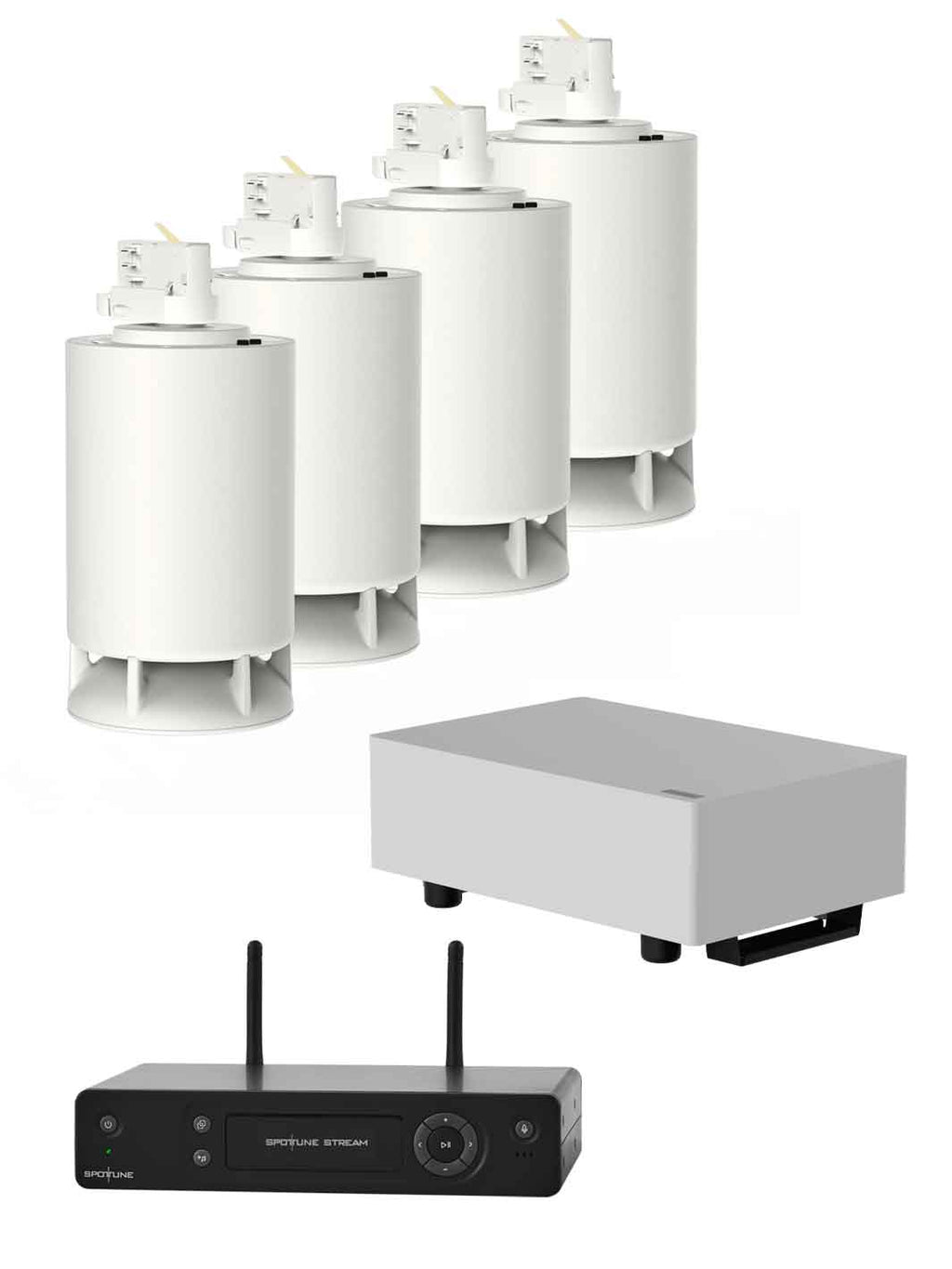 Sistema de audio inalámbrico para instalación en riel, Spottune, OMNI TRACK Blanco x 4 + 1 Sub, vista frontal